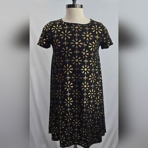 LULAROE Carly Size XS Elegant Snowflakes Floral Print Dress Black Gold Pocket